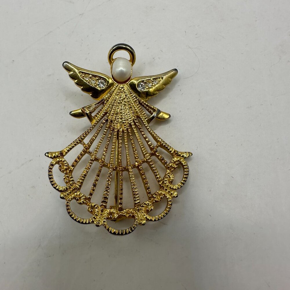 Vintage Avon Gold Tone Angel Brooch Pin With Faux Pearl & Rhinestones